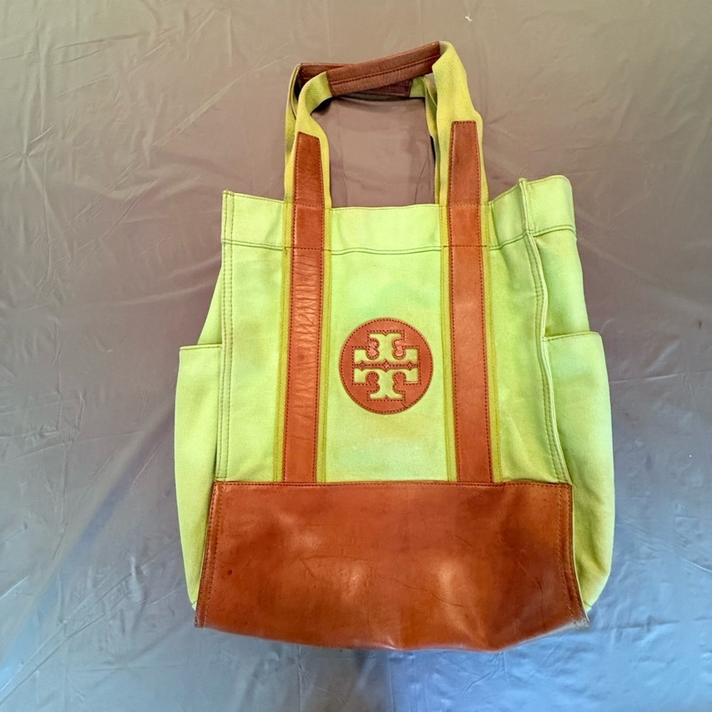 Tory Burch Large Lime Green Canvas Brown Leather Tote Bag MSRP $358 - Picture 3 of 16